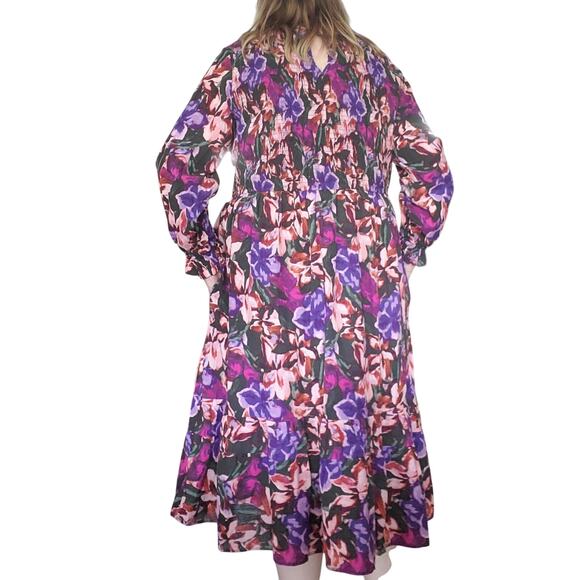 NEW Terra & Sky Size 2X Plus Tiered Boho Peasant Dark Floral Midi Smocked Dress - Picture 4 of 10